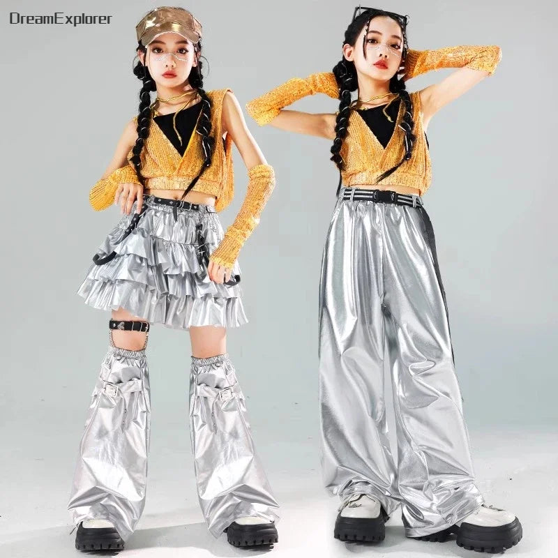 Girls Sequin Crop Hoodies Street Dance Shorts Kids Skirts Hip Hop Jazz Silver Pants Clothes Sets Child Streetwear K-pop Costumes