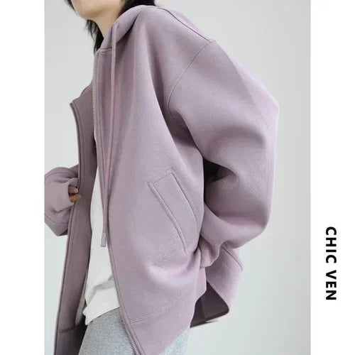 CHIC VEN Women Sweatshirts Hoodies Solid Loose Casual Hooded Female Tops Lady Coat Medium Length Overcoat Spring Autumn 2025