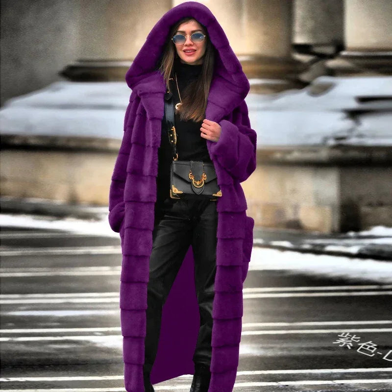TPJB Casual Faux Fur Coat Women Hoodies Furry Thick Warm Long Faux Rabbit Fur Jacket Slim Winter Coat Women Casaco Feminino 5XL