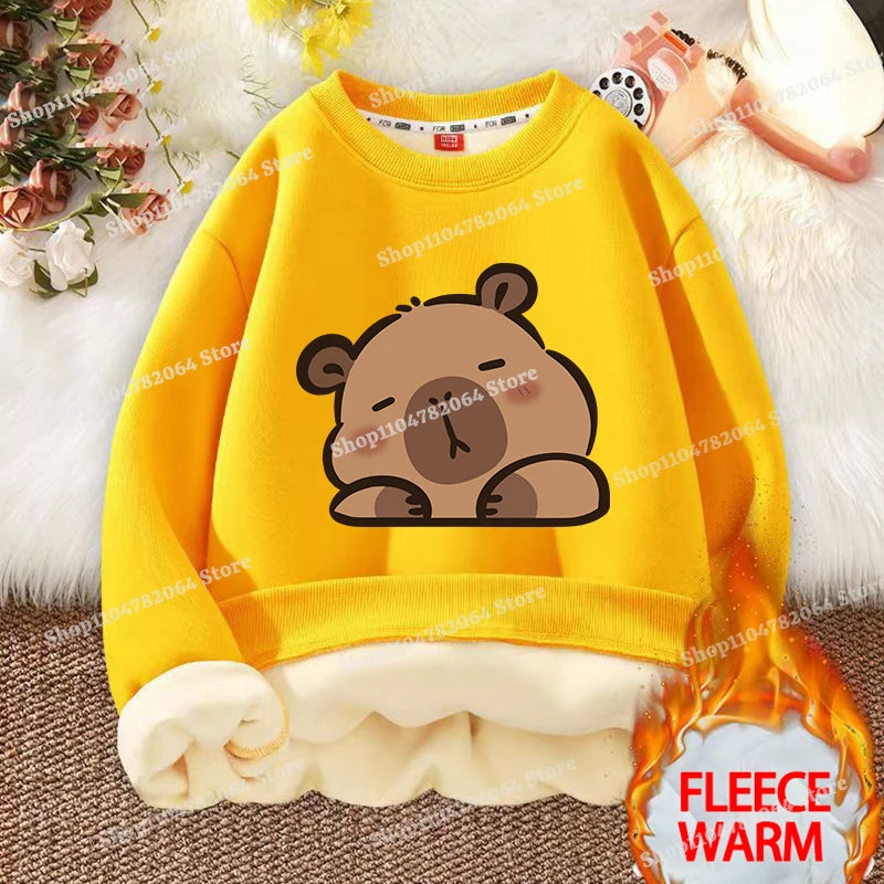 Kawaii Capybara Children's Clothing Lamb Wool Sweatshirt Boys Girls Winter Warm Thick Long Sleeved Pullover Hoodies Anime Gifts