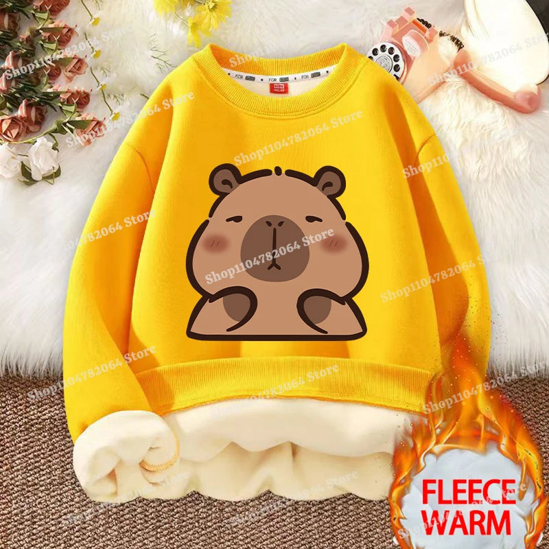 Kawaii Capybara Children's Clothing Lamb Wool Sweatshirt Boys Girls Winter Warm Thick Long Sleeved Pullover Hoodies Anime Gifts