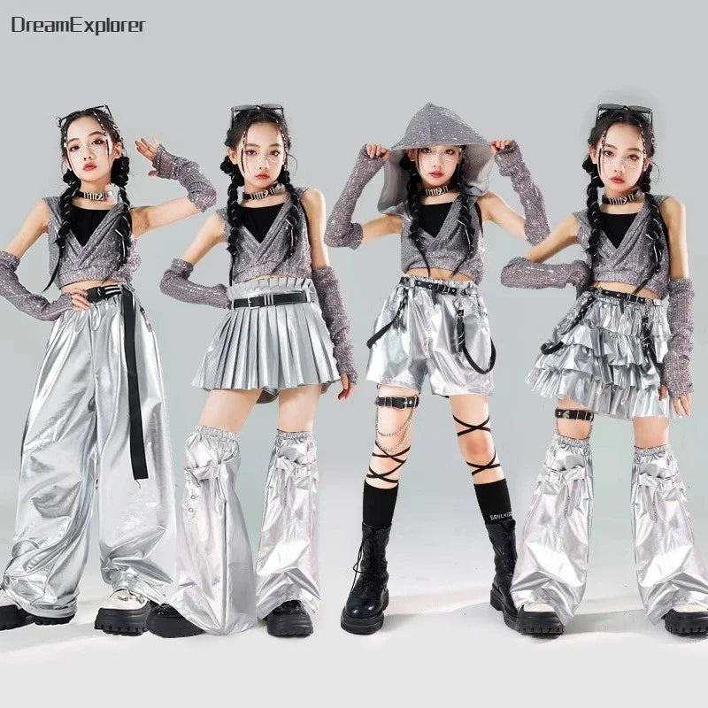 Girls Sequin Crop Hoodies Street Dance Shorts Kids Skirts Hip Hop Jazz Silver Pants Clothes Sets Child Streetwear K-pop Costumes