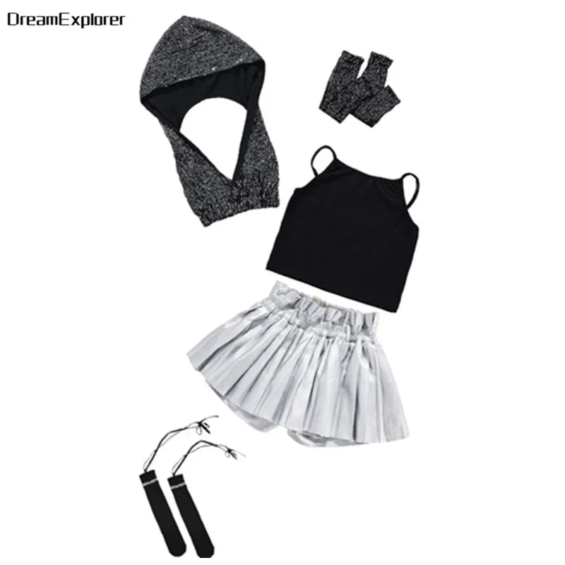 Girls Sequin Crop Hoodies Street Dance Shorts Kids Skirts Hip Hop Jazz Silver Pants Clothes Sets Child Streetwear K-pop Costumes