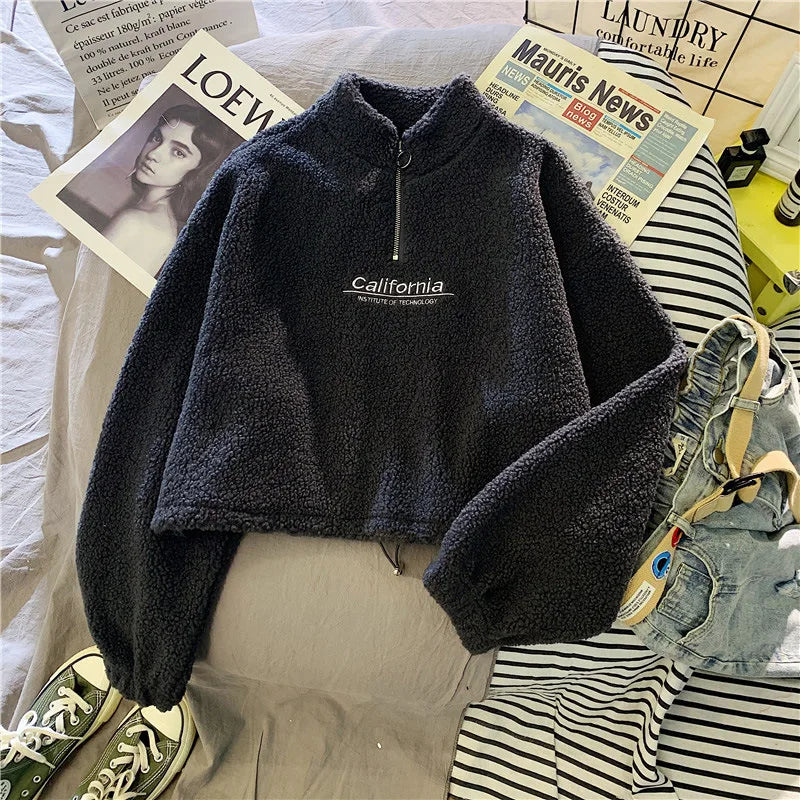 Letter Sweatshirts Women Half High Collar Hoodies Long Sleeve Pullover Pockets Loose Autumn Sports Slight Strech Draw String