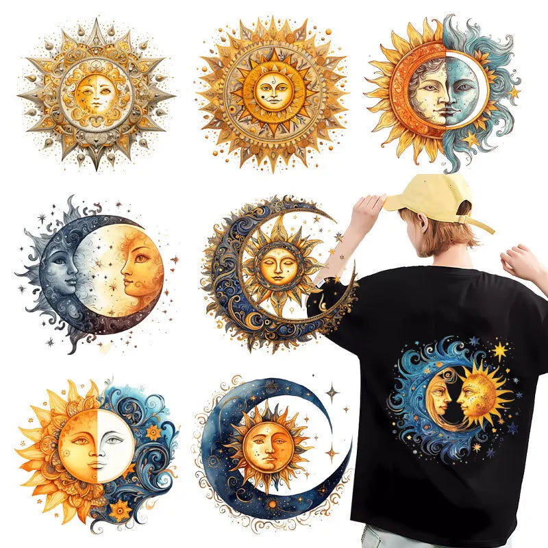 Heat Transfer on Clothes Iron On Patch for Hoodies, Sun and Moon, DTF Thermo Sticker Decals for Men and Women