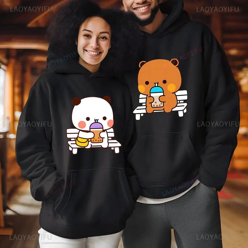 Trendy New Couple Hoodies Bubu with Dudu Drinking Juice Sweatshirts Cartoon Cute Panda Bear Hoodies Kawaii Y2k Top Sudaderas