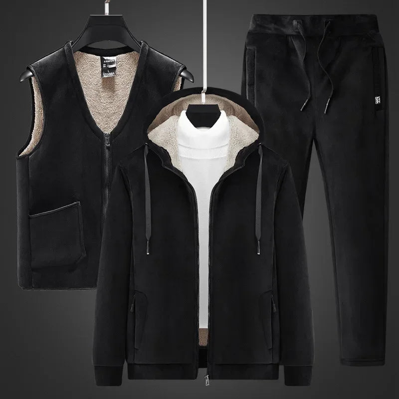 Three-Pieces Lamb Cashmere Set Men Warm Fashion Lamb Wool Sets Winter Plus Velvet Thick Tracksuits Men's Set Hoodies+Vests+Pants