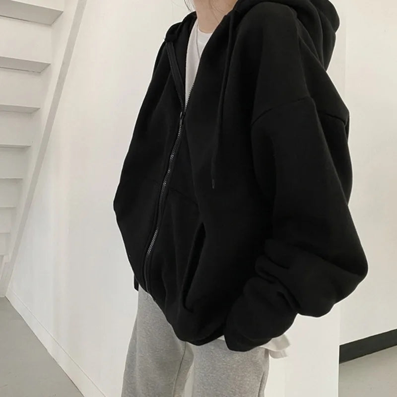 Hooded Solid Women Hoodies Zipper Sweatshirt Long Sleeve Cardigan Outerwear Loose Fit Casual Pockets Autumn 2025 Spliced