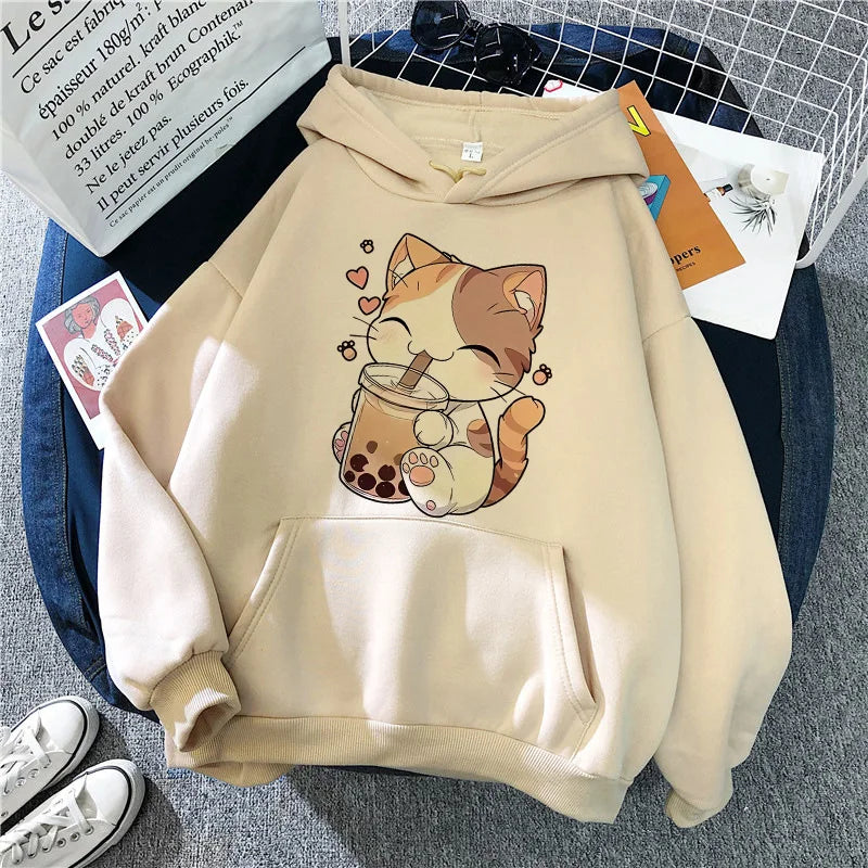 A Cute Patterned Orange Tabby Cat with A Smile Print Hoodies Women Casual Graphic Sweatshirts Fashion Fall Winter Hoody Clothes