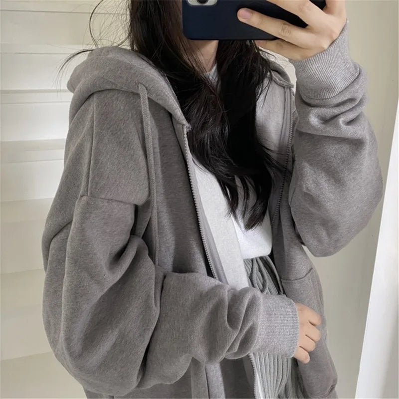 Hooded Solid Women Hoodies Zipper Sweatshirt Long Sleeve Cardigan Outerwear Loose Fit Casual Pockets Autumn 2025 Spliced