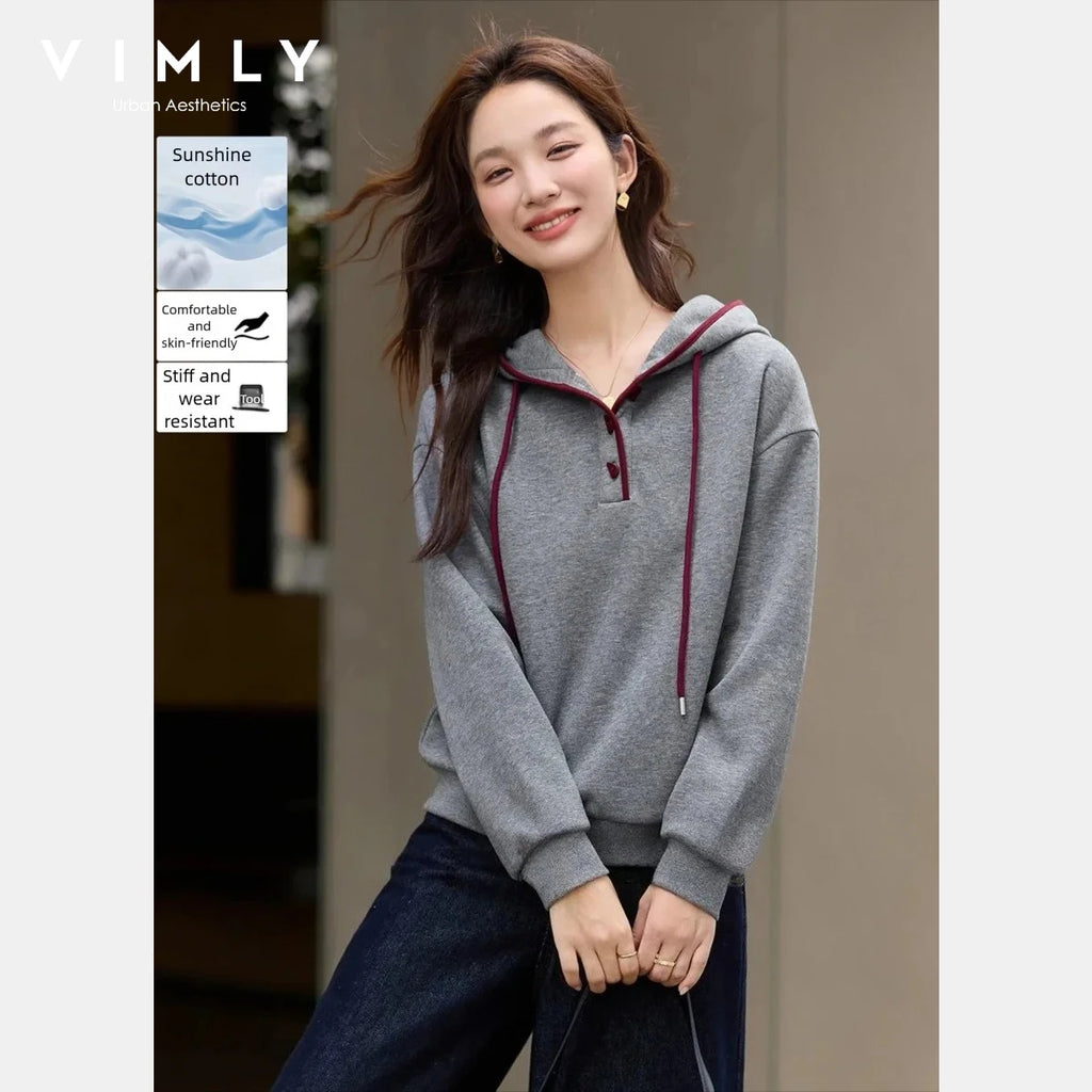 VIMLY Women's Grey Hoodies Simple Cotton Blend Fleece Lined Contrasting Sweatshirts 2026 Oversize Thicken Lady Winter Top A3537