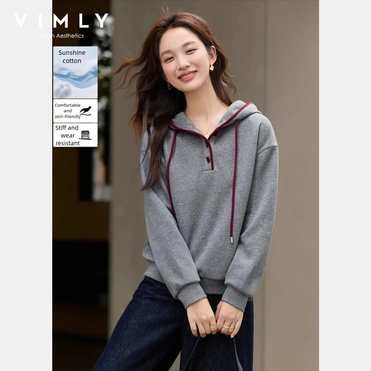 VIMLY Women's Grey Hoodies Simple Cotton Blend Fleece Lined Contrasting Sweatshirts 2026 Oversize Thicken Lady Winter Top A3537