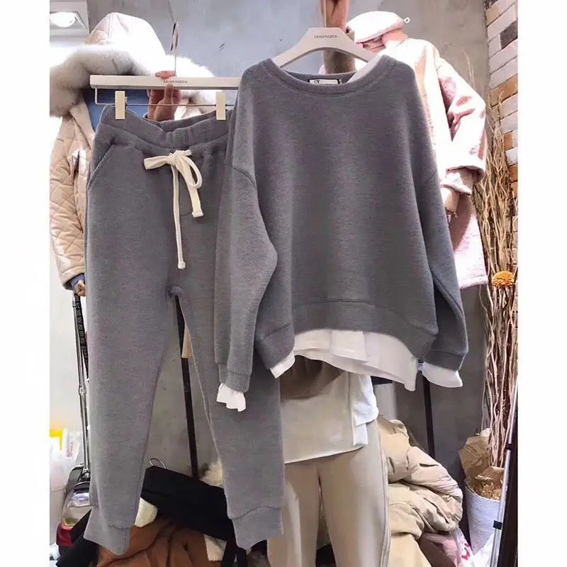 Pencil Trousers Spliced Women Pant Sets Pullover O Neck Hoodies Two Pieces Drawstring Ankle Length Pant Casual 2025 Autumn