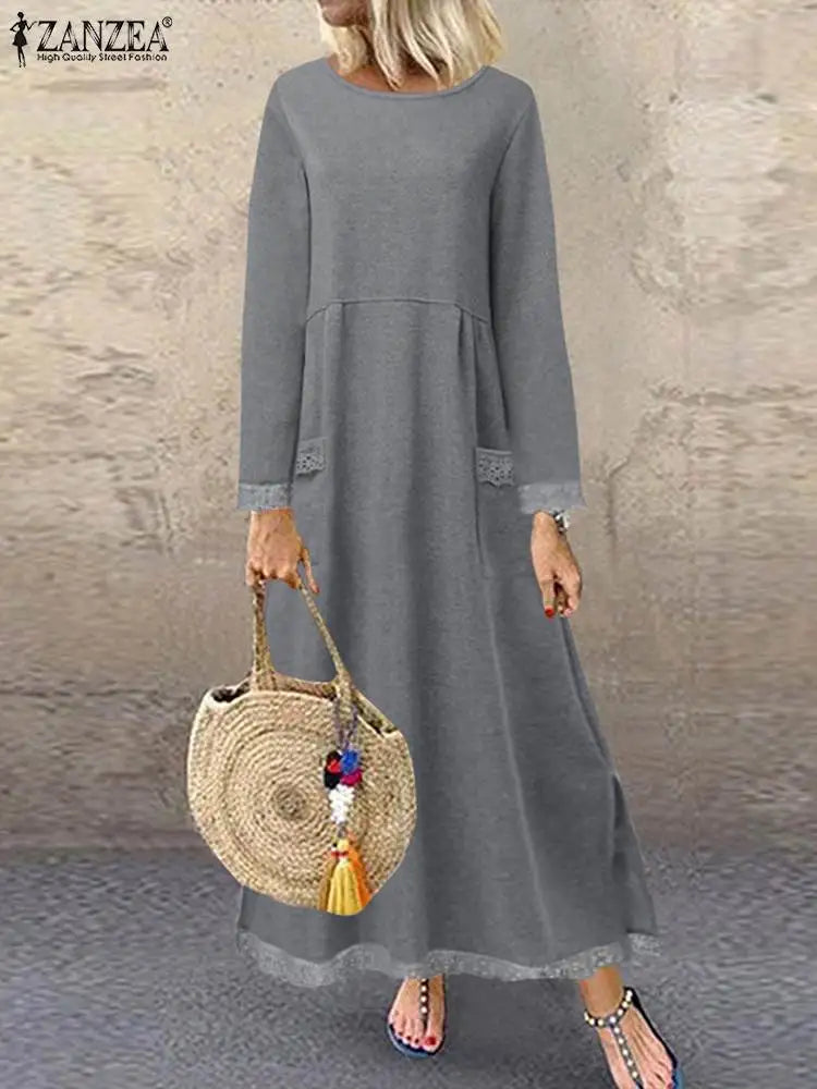 ZANZEA Winter Autumn Sweatshirt Dress Women Lace Crochet Pullover Vestidos Solid O Neck Long Sleeve Fleece Sundress Robe Hoodies