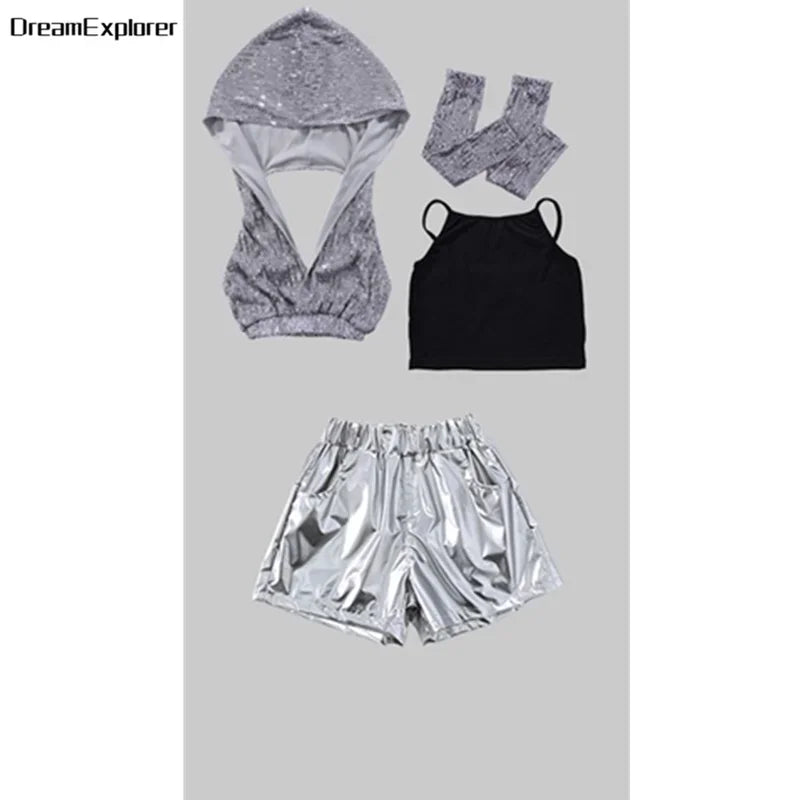 Girls Sequin Crop Hoodies Street Dance Shorts Kids Skirts Hip Hop Jazz Silver Pants Clothes Sets Child Streetwear K-pop Costumes