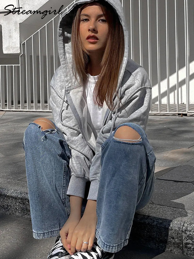 Women Sweatshirts Zip Up Hoodies White Hooded Zip-up Jackets Autumn Cotton Solid Sweatshirt With Zipper Oversized Hoodies Women