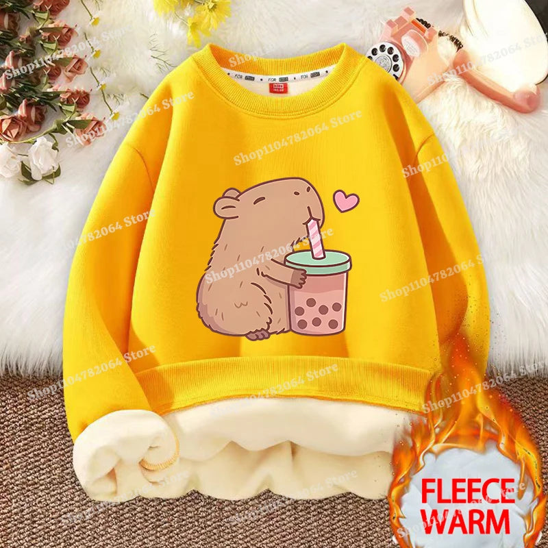 Kawaii Capybara Children's Clothing Lamb Wool Sweatshirt Boys Girls Winter Warm Thick Long Sleeved Pullover Hoodies Anime Gifts