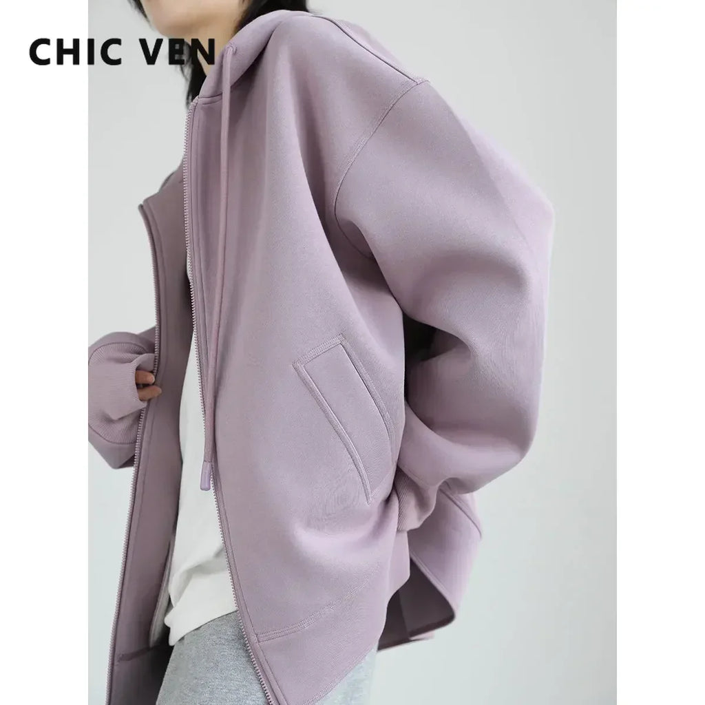 CHIC VEN Women Sweatshirts Hoodies Solid Loose Casual Hooded Female Tops Lady Coat Medium Length Overcoat Spring Autumn 2025