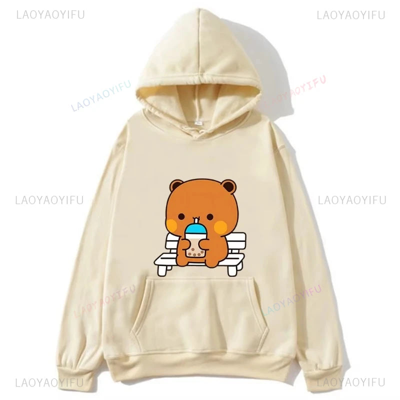 Trendy New Couple Hoodies Bubu with Dudu Drinking Juice Sweatshirts Cartoon Cute Panda Bear Hoodies Kawaii Y2k Top Sudaderas