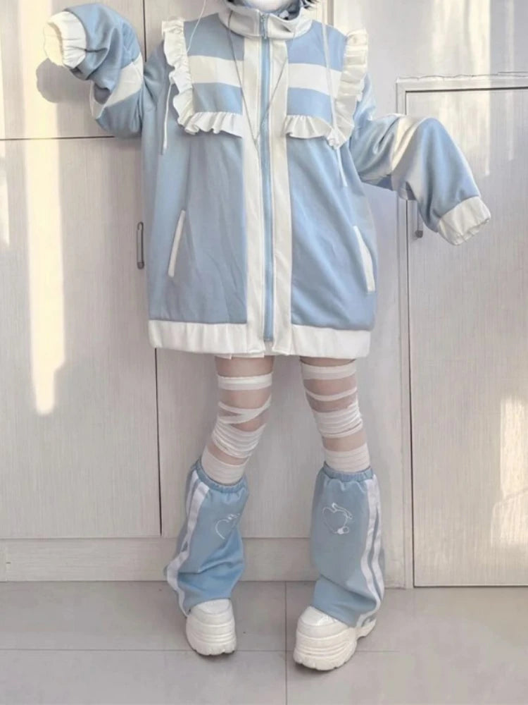 Japanese Y2k Aesthetic Stand Collar Kawaii Hoodies Women Zipper Sweatshirt Oversized Coats Grunge Harajuku Ruffled Patch Coat
