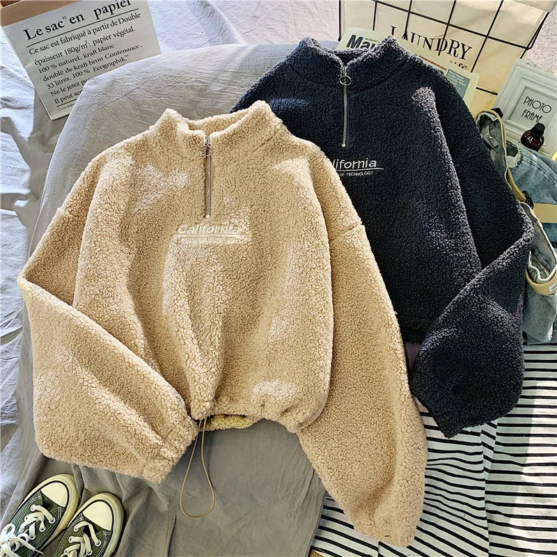 Letter Sweatshirts Women Half High Collar Hoodies Long Sleeve Pullover Pockets Loose Autumn Sports Slight Strech Draw String