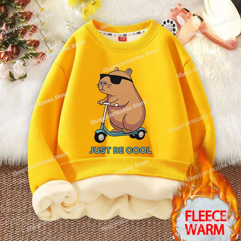 Kawaii Capybara Children's Clothing Lamb Wool Sweatshirt Boys Girls Winter Warm Thick Long Sleeved Pullover Hoodies Anime Gifts