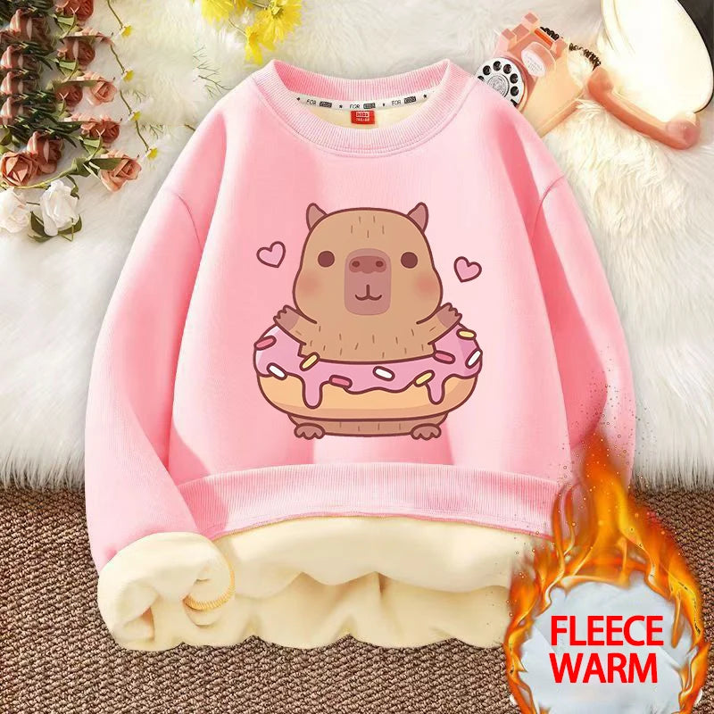 Kawaii Capybara Children's Clothing Lamb Wool Sweatshirt Boys Girls Winter Warm Thick Long Sleeved Pullover Hoodies Anime Gifts