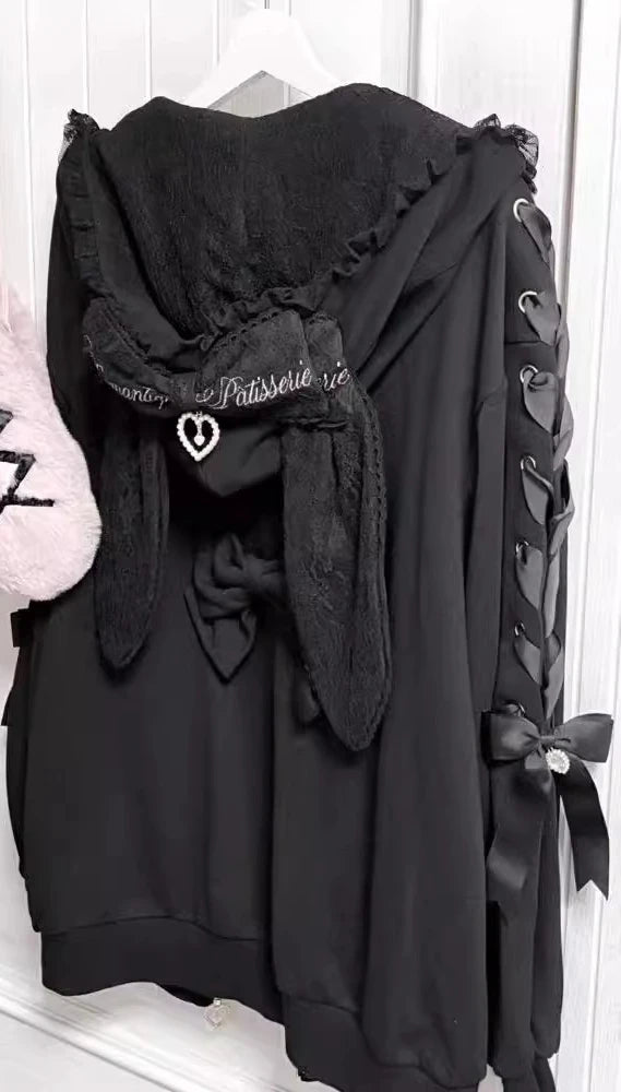 Hoodies Women 2025 Autumn New Sweet Bunny Ear Lace Hooded Sweatshirt for Women Cute Loose Tie Long Sleeve Jacket