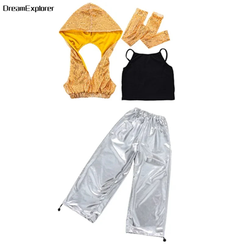 Girls Sequin Crop Hoodies Street Dance Shorts Kids Skirts Hip Hop Jazz Silver Pants Clothes Sets Child Streetwear K-pop Costumes