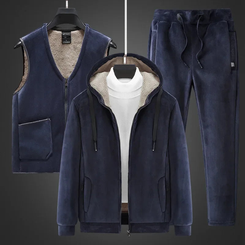 Three-Pieces Lamb Cashmere Set Men Warm Fashion Lamb Wool Sets Winter Plus Velvet Thick Tracksuits Men's Set Hoodies+Vests+Pants