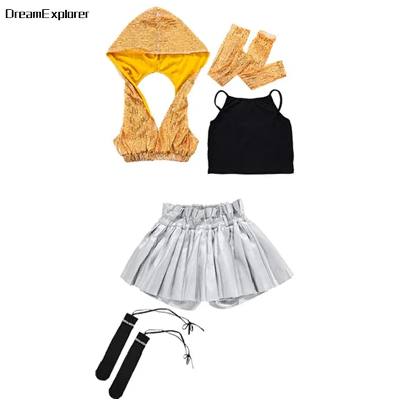 Girls Sequin Crop Hoodies Street Dance Shorts Kids Skirts Hip Hop Jazz Silver Pants Clothes Sets Child Streetwear K-pop Costumes