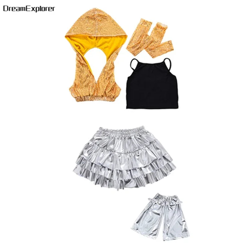 Girls Sequin Crop Hoodies Street Dance Shorts Kids Skirts Hip Hop Jazz Silver Pants Clothes Sets Child Streetwear K-pop Costumes