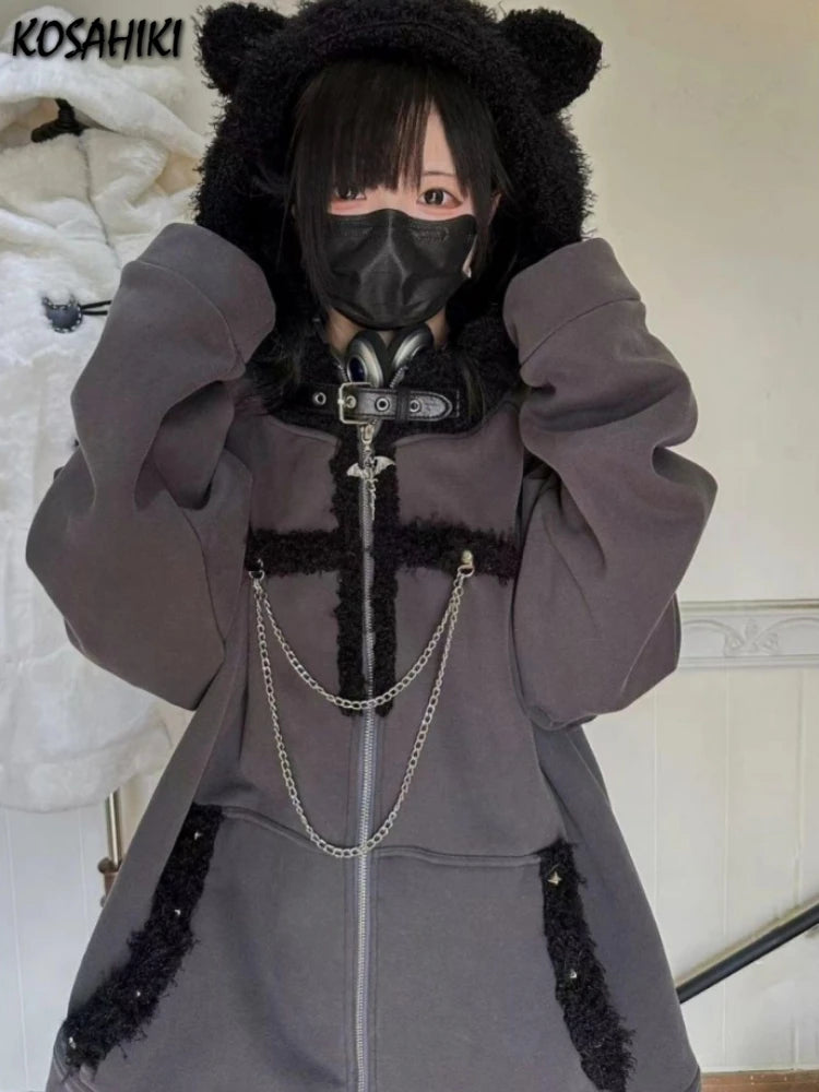 Japanese Kawaii Y2k Aesthetic Women Chain Gothic Cat Ears Hoodies Coat Patchwork Grunge  Hoody Harajuku Vintage Zip Sweatshirts
