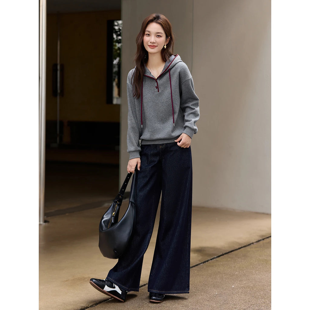 VIMLY Women's Grey Hoodies Simple Cotton Blend Fleece Lined Contrasting Sweatshirts 2026 Oversize Thicken Lady Winter Top A3537