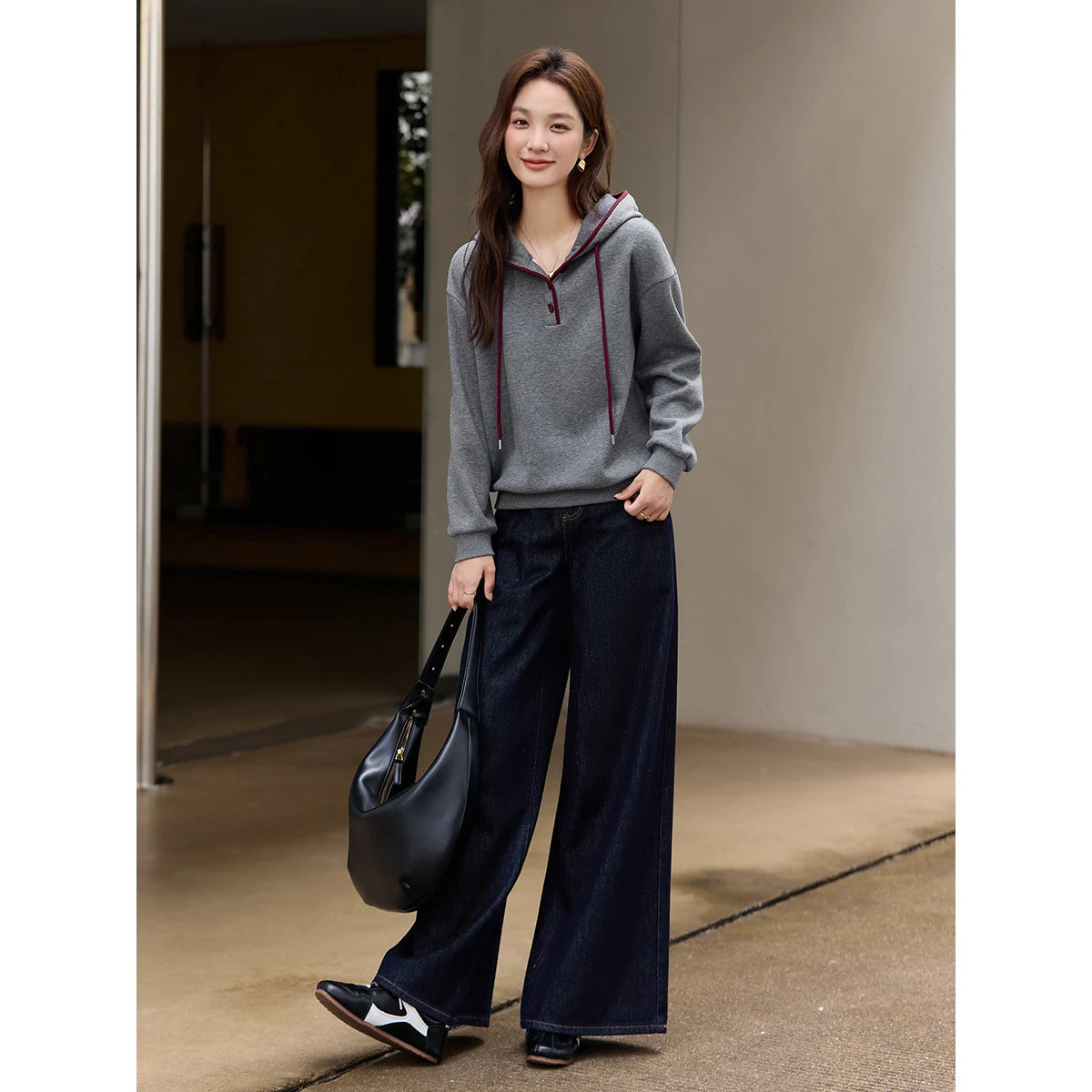 VIMLY Women's Grey Hoodies Simple Cotton Blend Fleece Lined Contrasting Sweatshirts 2026 Oversize Thicken Lady Winter Top A3537