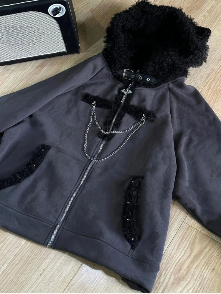 Japanese Kawaii Y2k Aesthetic Women Chain Gothic Cat Ears Hoodies Coat Patchwork Grunge  Hoody Harajuku Vintage Zip Sweatshirts