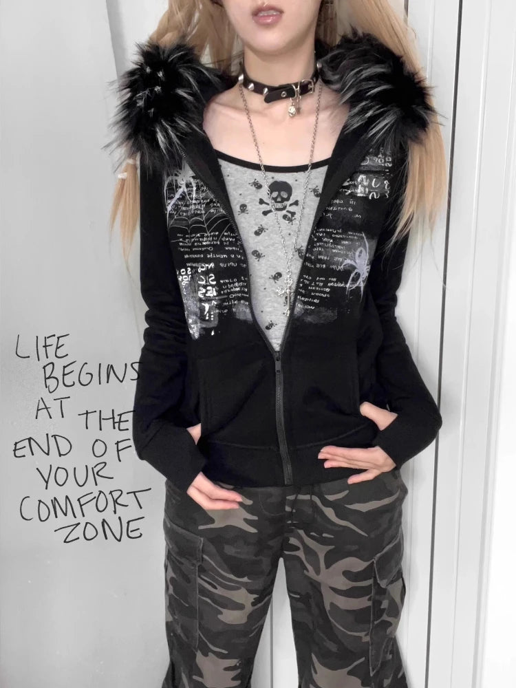 American Retro Fur Patchwork Grunge Hoodies Women Vintage Gothic Print Hooded Zip-up Sweatshirts Harajuku Aesthetic Y2k Jacket