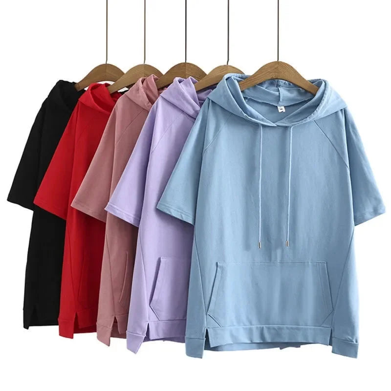 2025 Oversize 4XL Loose Sweatshirts Women Cotton Hoodies Summer Short-sleeves Thin Tees Female Casual Pullover Tops Outerwear