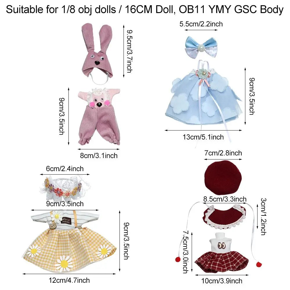 16CM Doll Clothes Suit Lace Princess Dress Headwear Cute Hoodies Skirt Overall Vest Hat OB11 Clothes Outfit 1/8BJD Accessories