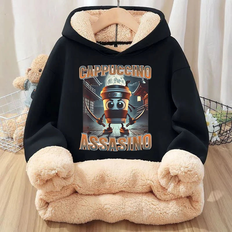 Italian Brainrot Animals Pullover Hoodies Cappuccino Assassino Lamb Fleece Kid Sweatshirt Sahur Anime Cartoons Clothes Tops Gift