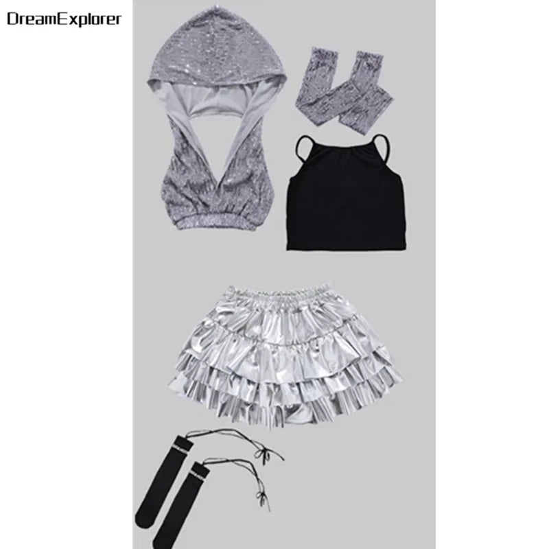 Girls Sequin Crop Hoodies Street Dance Shorts Kids Skirts Hip Hop Jazz Silver Pants Clothes Sets Child Streetwear K-pop Costumes