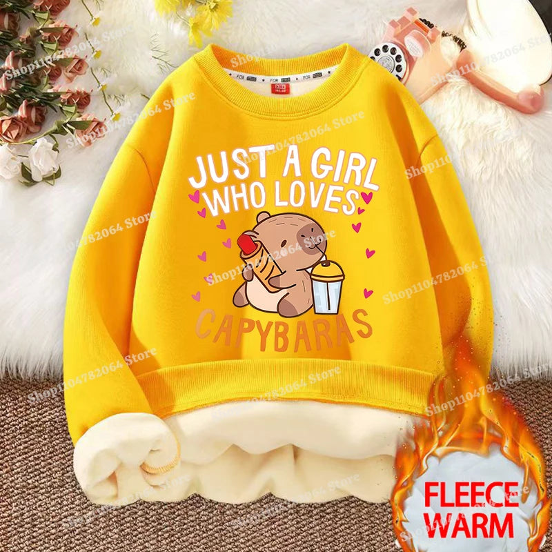 Kawaii Capybara Children's Clothing Lamb Wool Sweatshirt Boys Girls Winter Warm Thick Long Sleeved Pullover Hoodies Anime Gifts