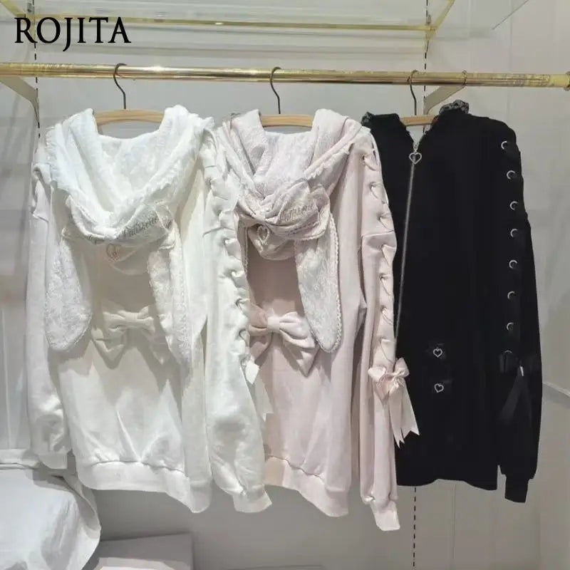 Hoodies Women 2025 Autumn New Sweet Bunny Ear Lace Hooded Sweatshirt for Women Cute Loose Tie Long Sleeve Jacket