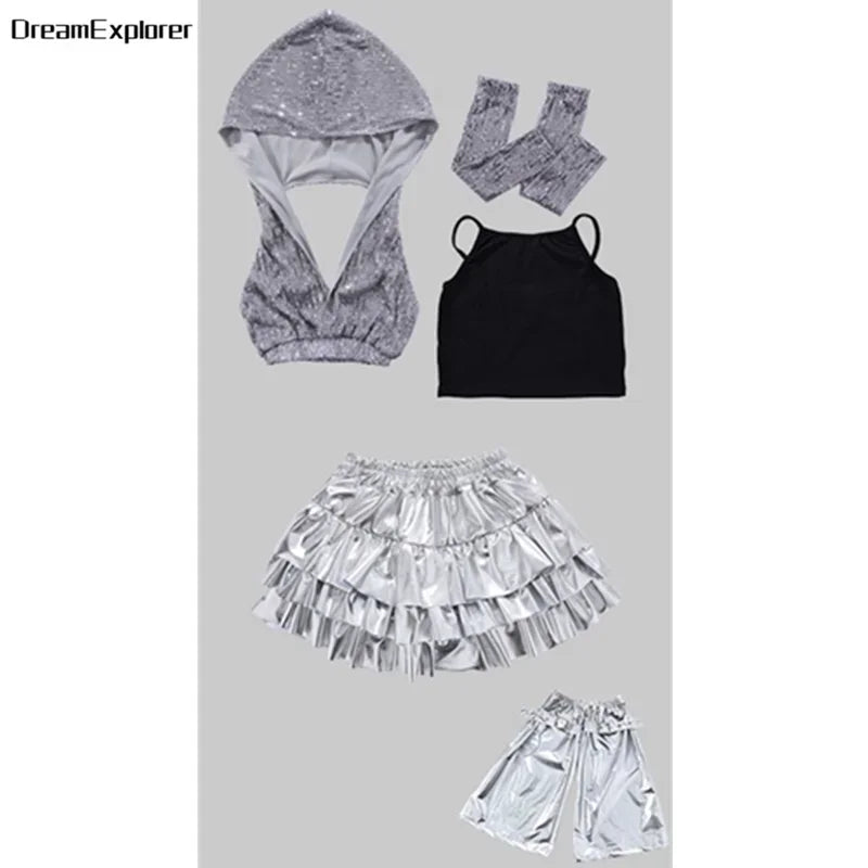 Girls Sequin Crop Hoodies Street Dance Shorts Kids Skirts Hip Hop Jazz Silver Pants Clothes Sets Child Streetwear K-pop Costumes