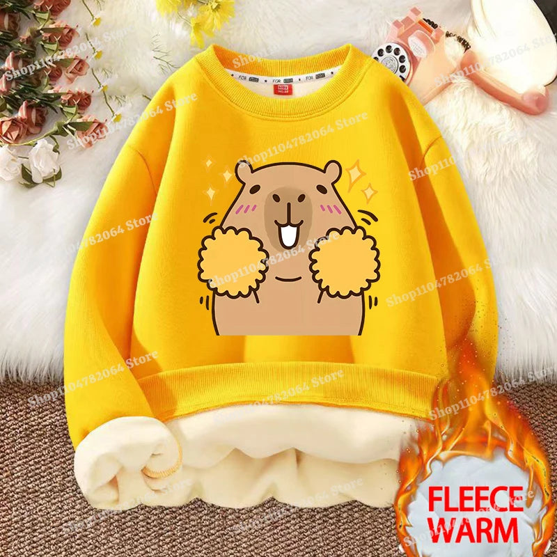 Kawaii Capybara Children's Clothing Lamb Wool Sweatshirt Boys Girls Winter Warm Thick Long Sleeved Pullover Hoodies Anime Gifts