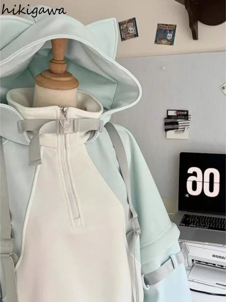 Japanese Oversized Hoodies Women 2025 Ropa Mujer Contrast Color Streetwear Chic Sweet Sweatshirts Hooded Casual Hoodie Y2k Tops