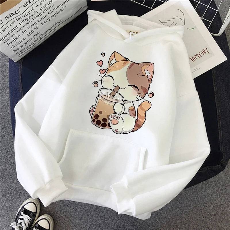 A Cute Patterned Orange Tabby Cat with A Smile Print Hoodies Women Casual Graphic Sweatshirts Fashion Fall Winter Hoody Clothes