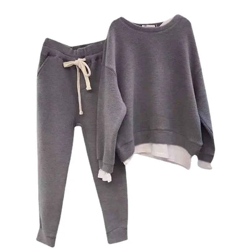 Pencil Trousers Spliced Women Pant Sets Pullover O Neck Hoodies Two Pieces Drawstring Ankle Length Pant Casual 2025 Autumn
