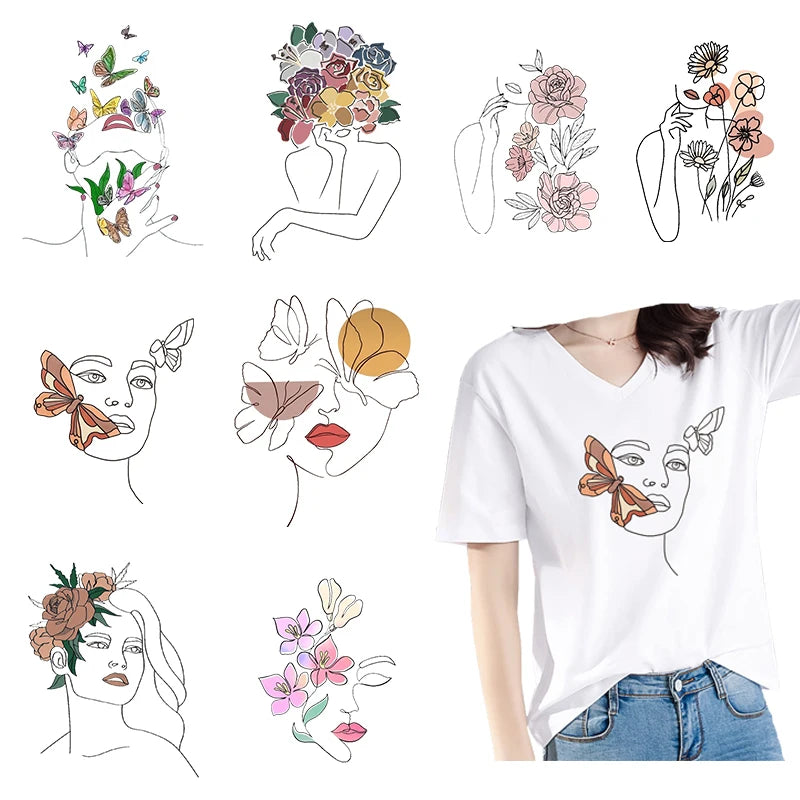 Abstract portraits and floral patterns heat transfer girls' clothing printed stickers Iron On hoodies and canvas bags DIY