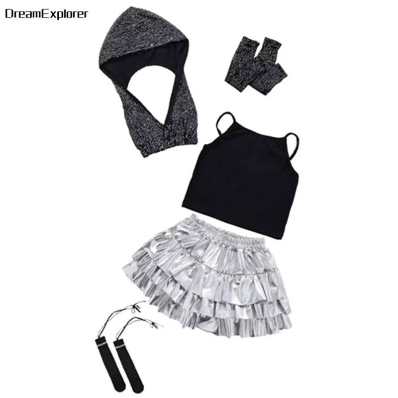 Girls Sequin Crop Hoodies Street Dance Shorts Kids Skirts Hip Hop Jazz Silver Pants Clothes Sets Child Streetwear K-pop Costumes
